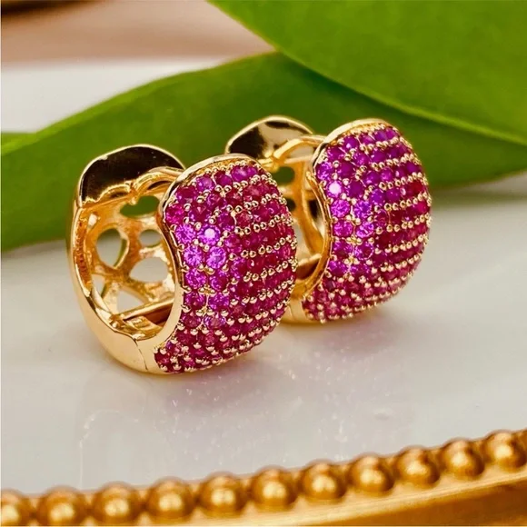 Elegant Pink Pave CZ and Gold Lace Hoop Earrings - Picture 2 of 6